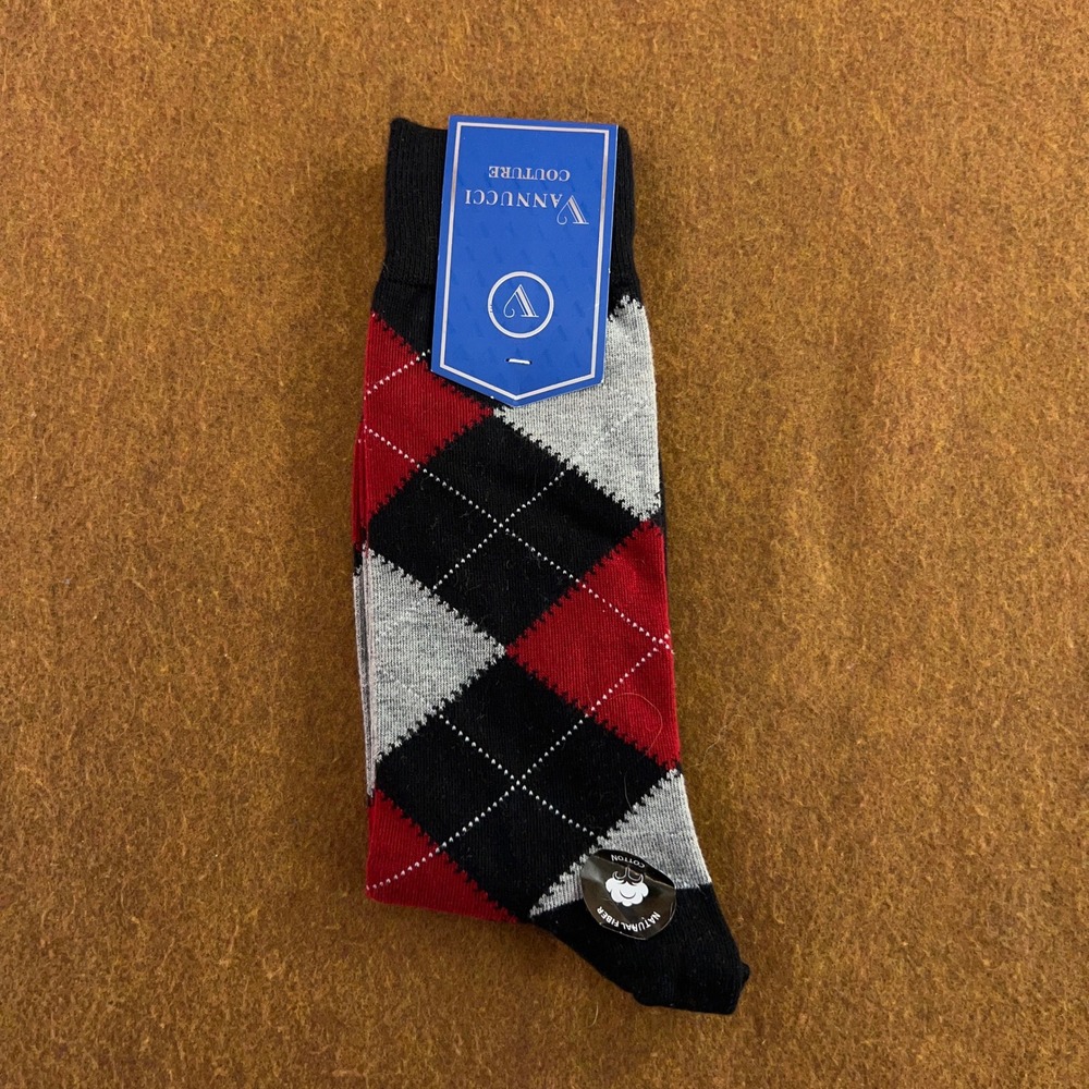 Vannucci Mens 10-13 Black Red Argyle Mercerized Cotton Dress Socks NWT
